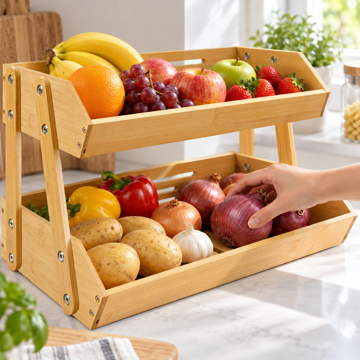 Hand selecting an onion from the lower tray of a bamboo stand; all produce and decor are props, not included.