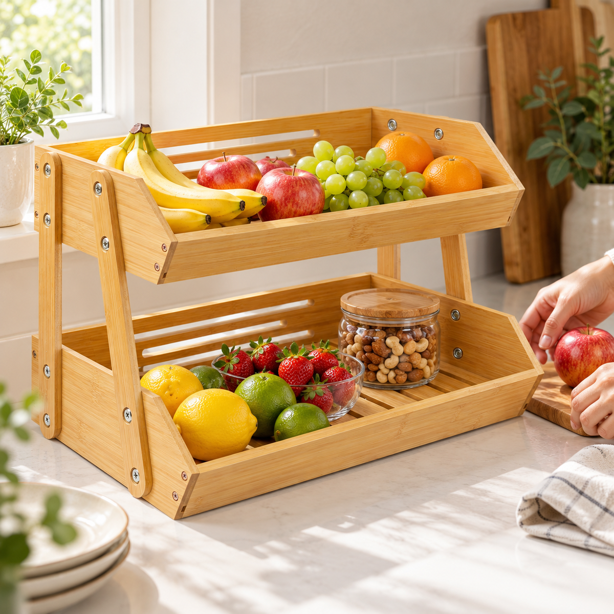 Bamboo stand arranged on a breakfast counter with fruit and a snack jar; produce, jar, food and dishes are props, not included.