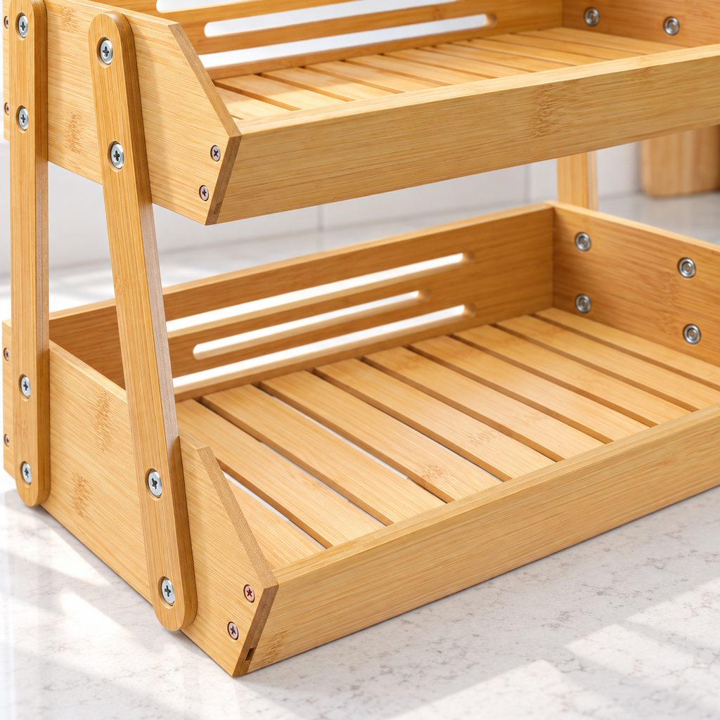 Close view of the bamboo stand's front-left tray corner, visible screws, support and slatted floor.