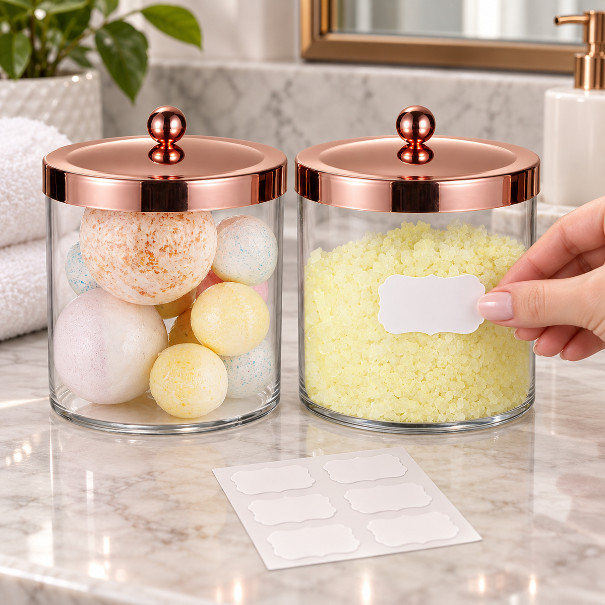 Blank label applied outside a closed rose-gold-lid jar beside its matching jar; hand, bath contents and bathroom setting are styling props, not included.