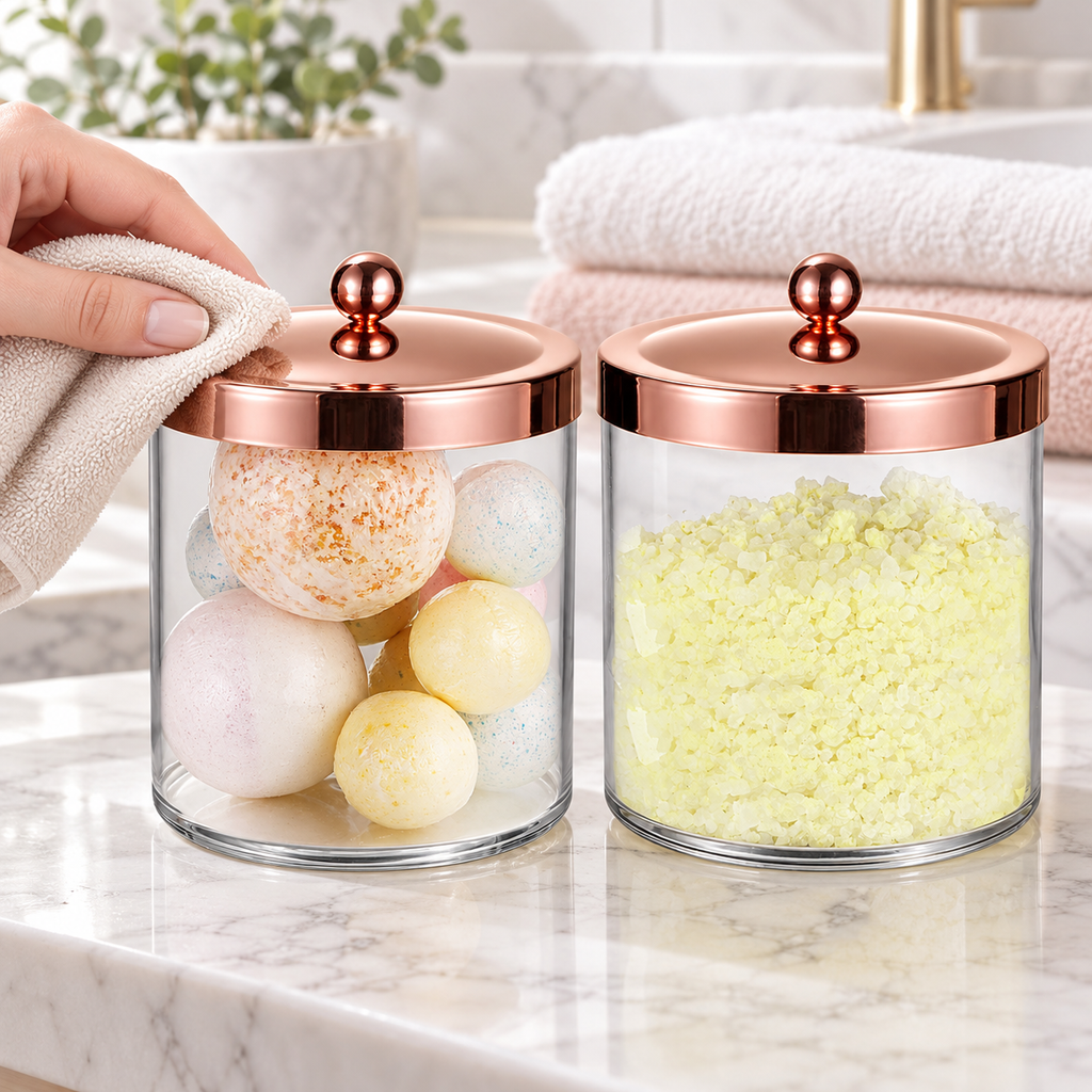 Closed rose-gold lid being wiped beside the matching jar; cloth, hand, bath contents and towels are styling props, not included.