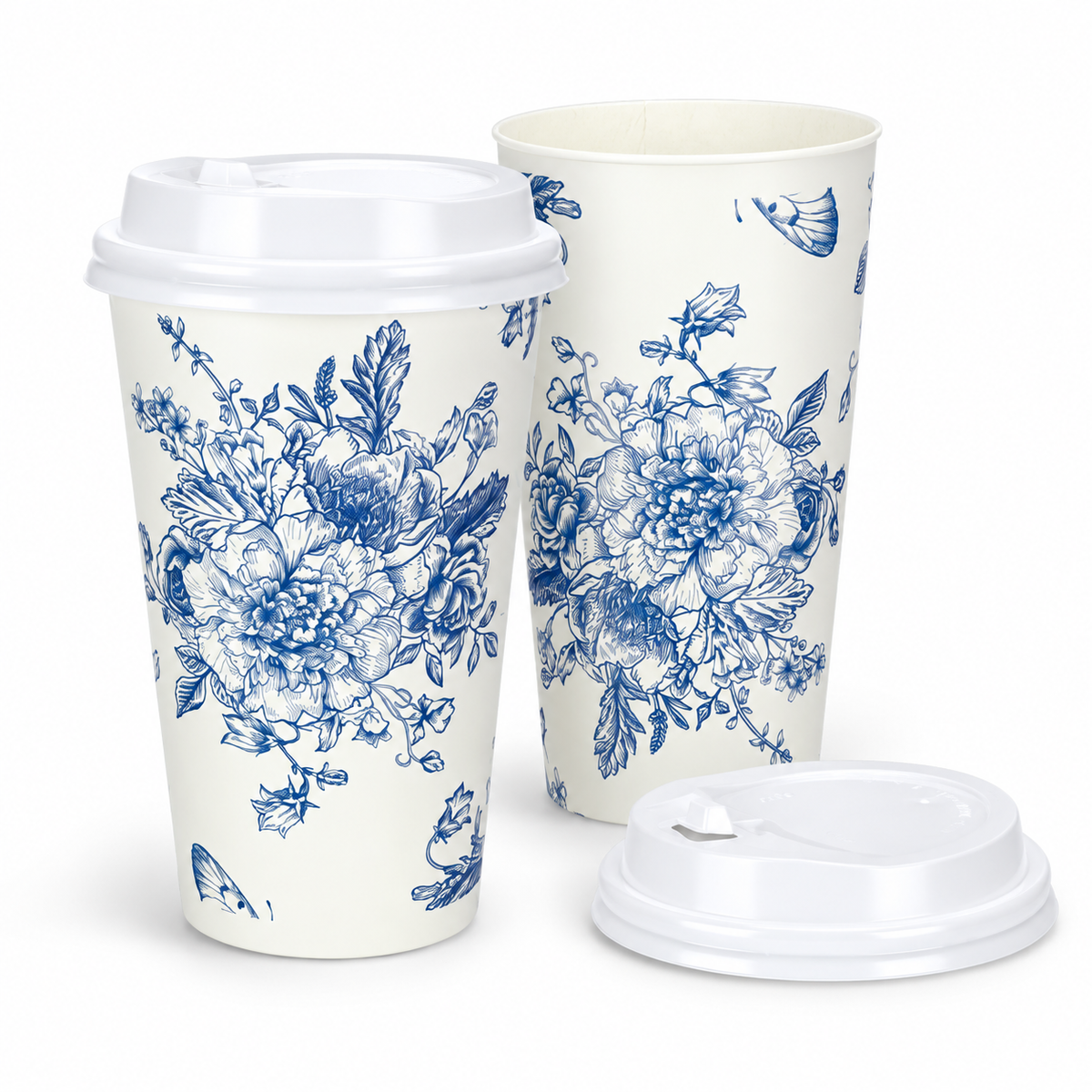 blue floral coffee cup on white background