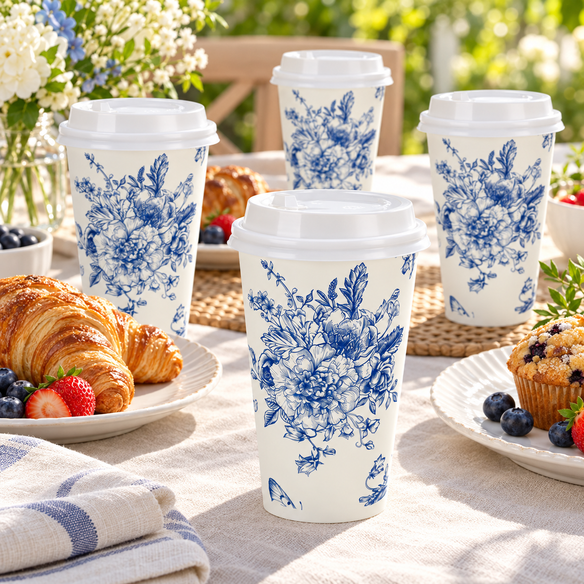 blue floral coffee cup in a table setting