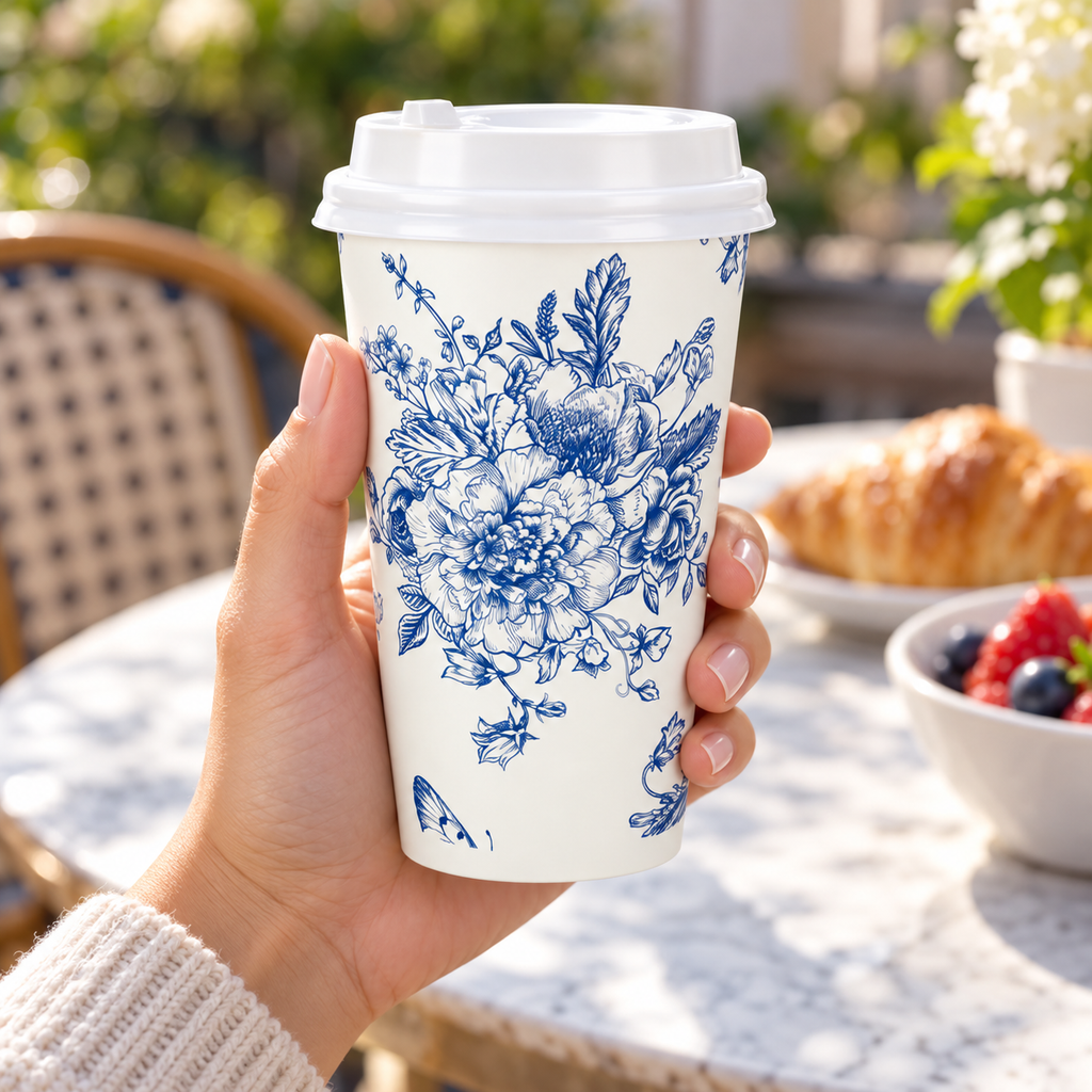blue floral coffee cup shown with a hand for scale