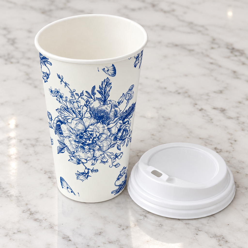 blue floral coffee cup close-up detail
