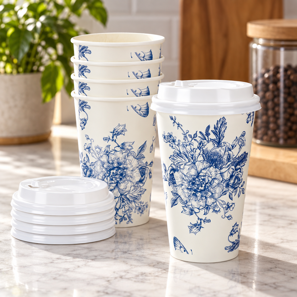 blue floral coffee cup stacked view