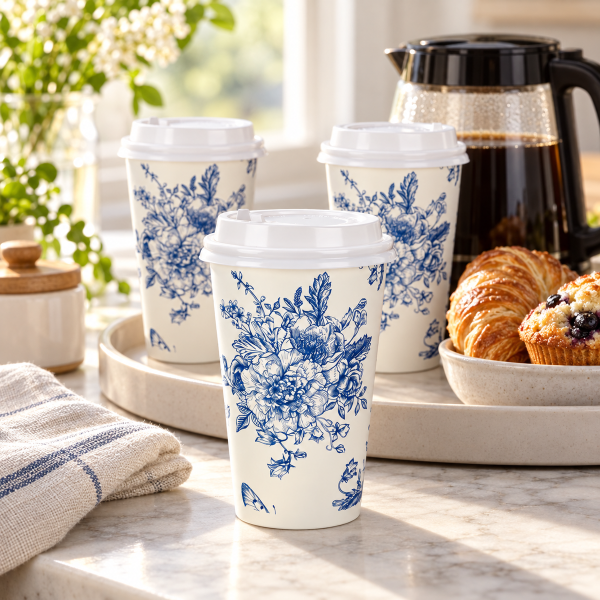 blue floral coffee cup in a styled setting