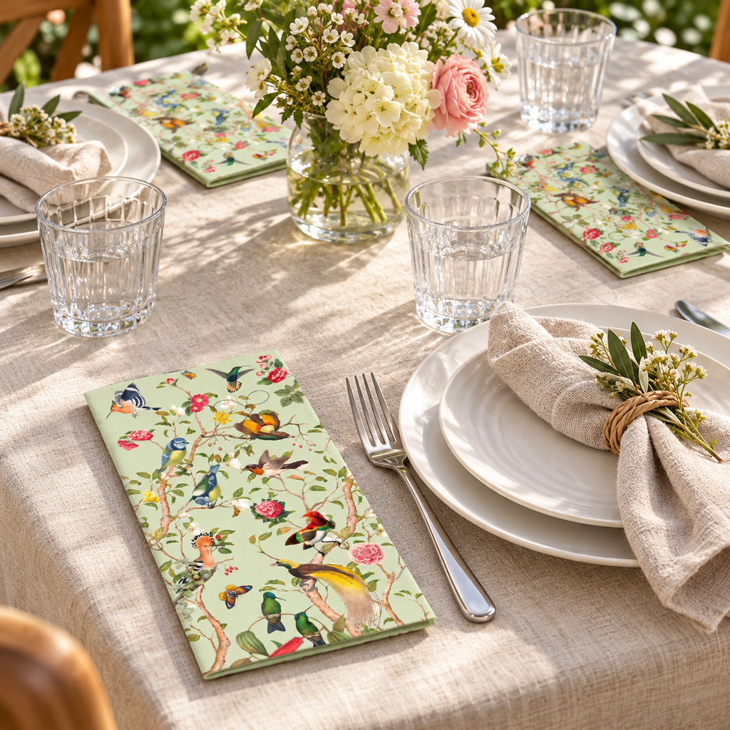 green bird guest napkin in a table setting