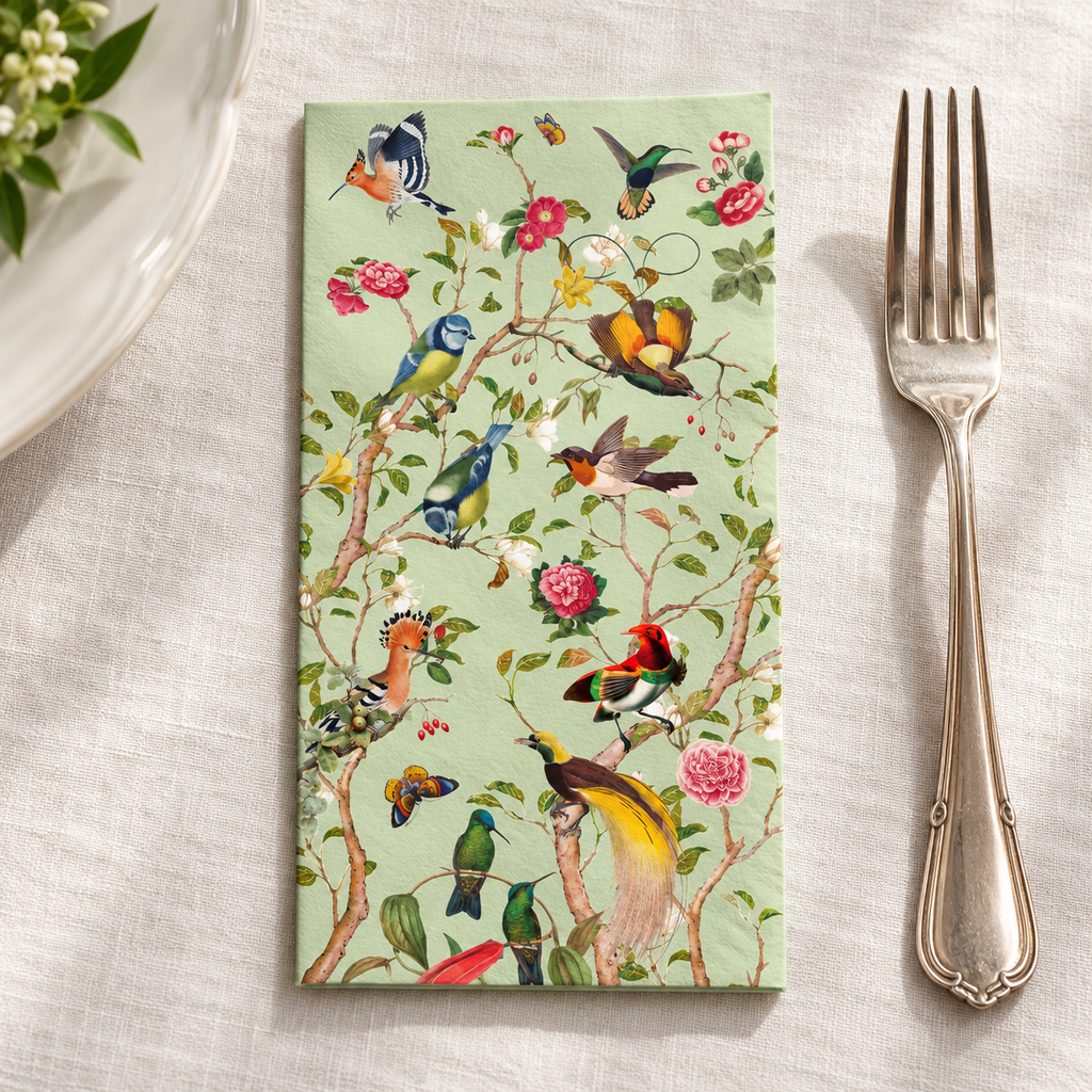 green bird guest napkin close-up detail