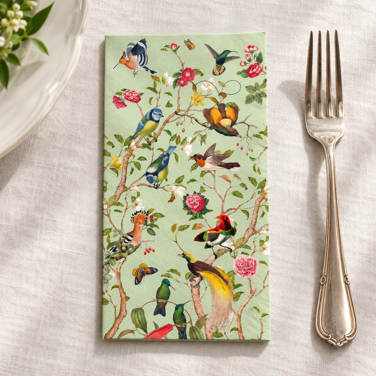 green bird guest napkin close-up detail