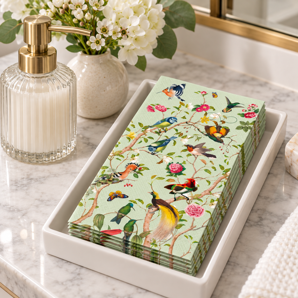 green bird guest napkin in a styled setting