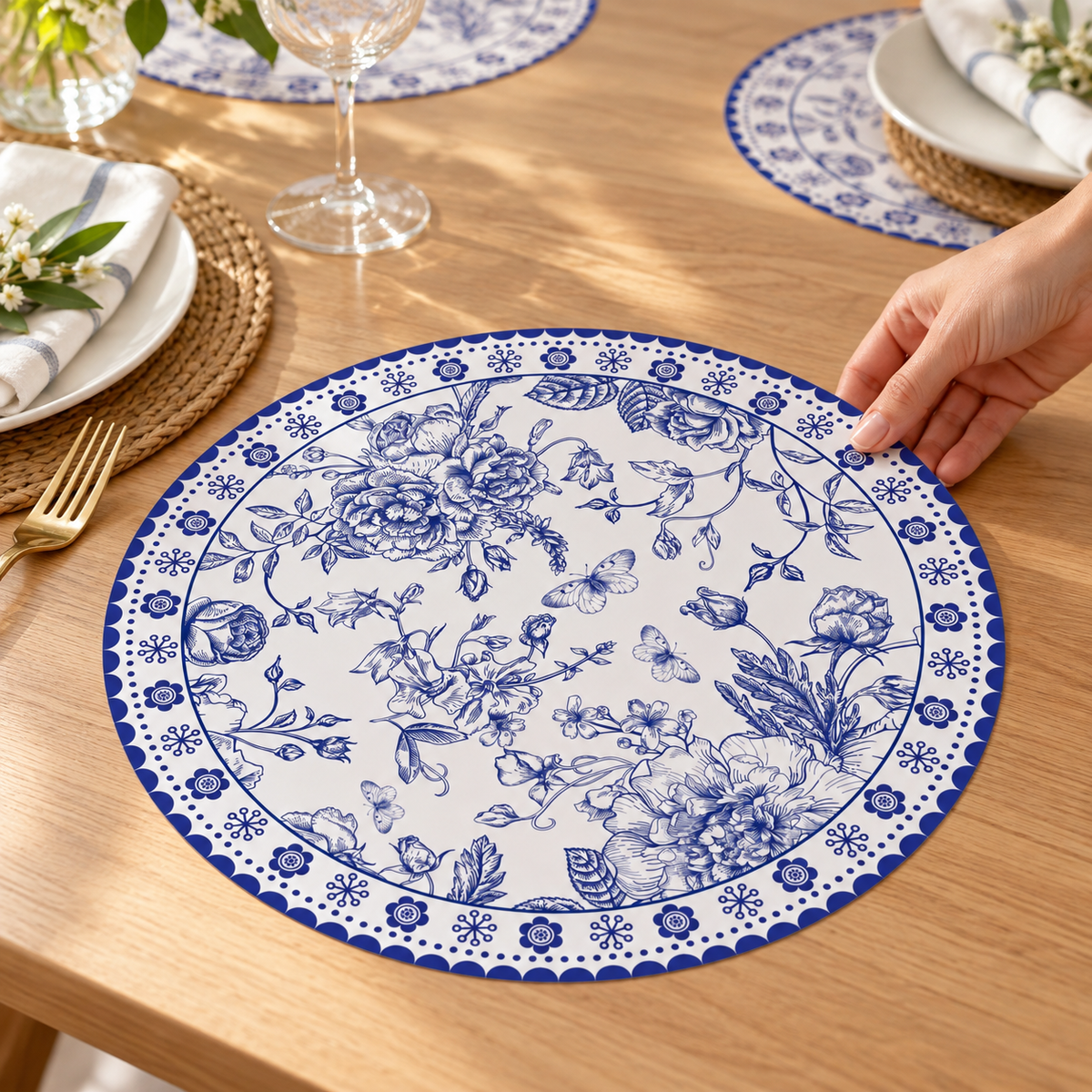 blue chinoiserie placemat shown with a hand for scale