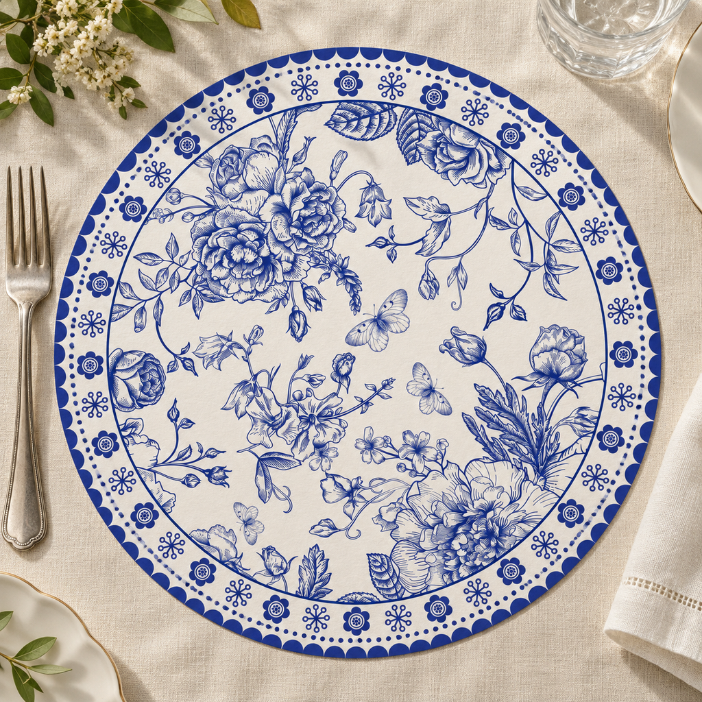 blue chinoiserie placemat close-up detail