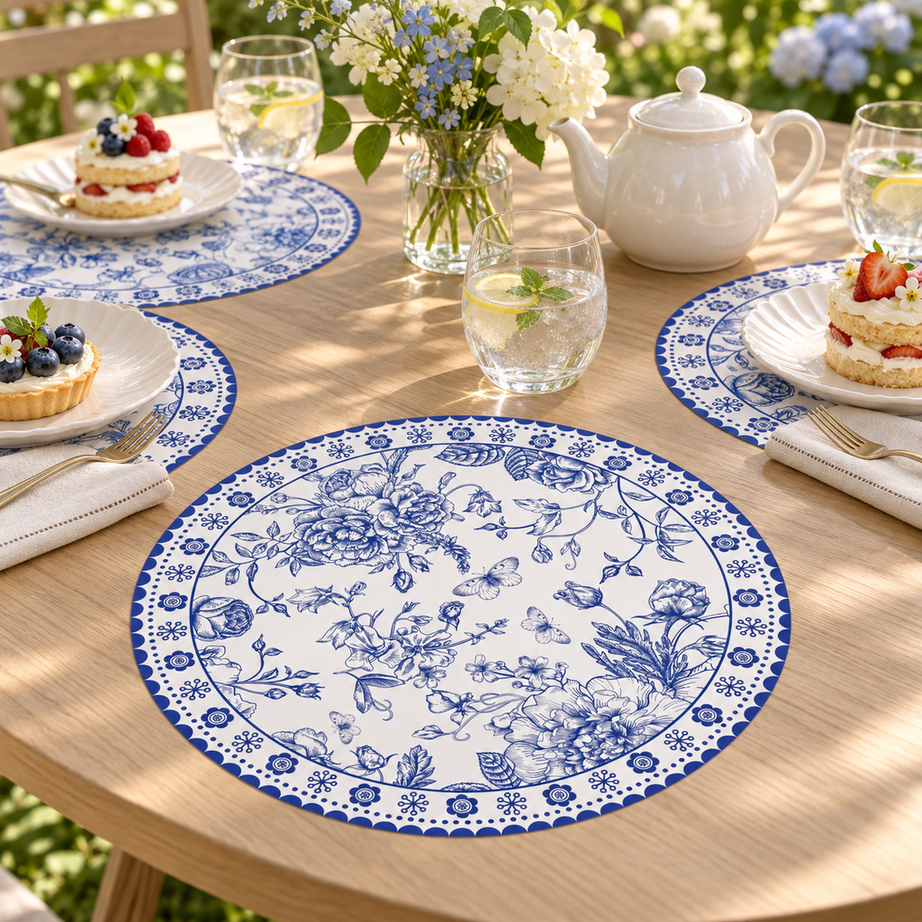 blue chinoiserie placemat in a styled setting