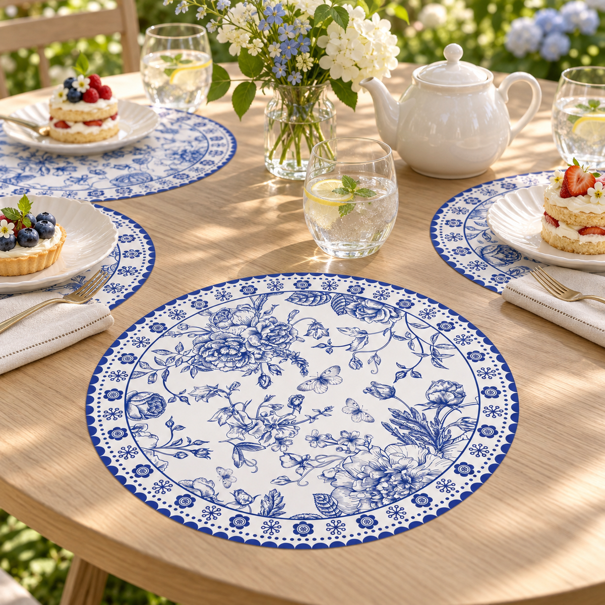 blue chinoiserie placemat in a styled setting