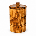 Closed wood salt and spice keeper with mushroom knob and two pairs of body grooves on white.