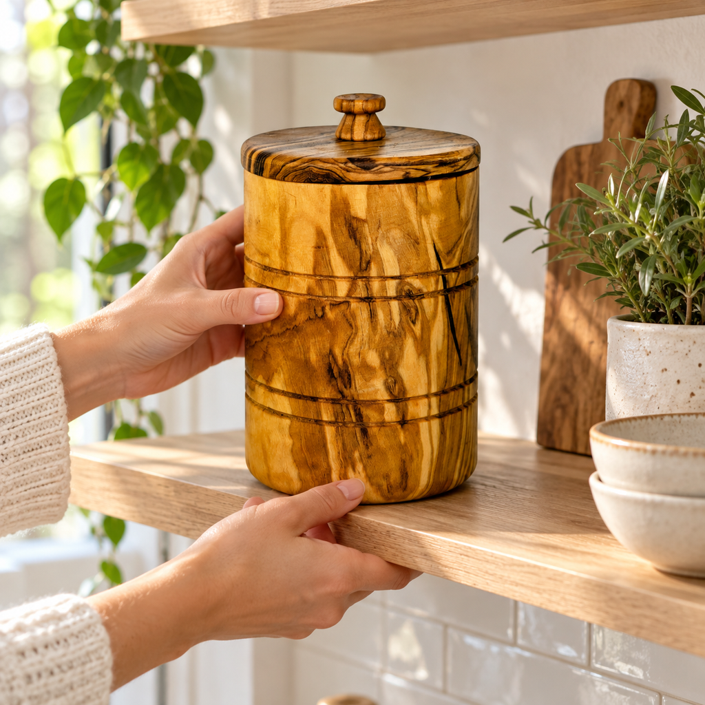 Closed wood keeper placed on an open kitchen shelf; hands, shelf, plant and bowls are styling props, not included.