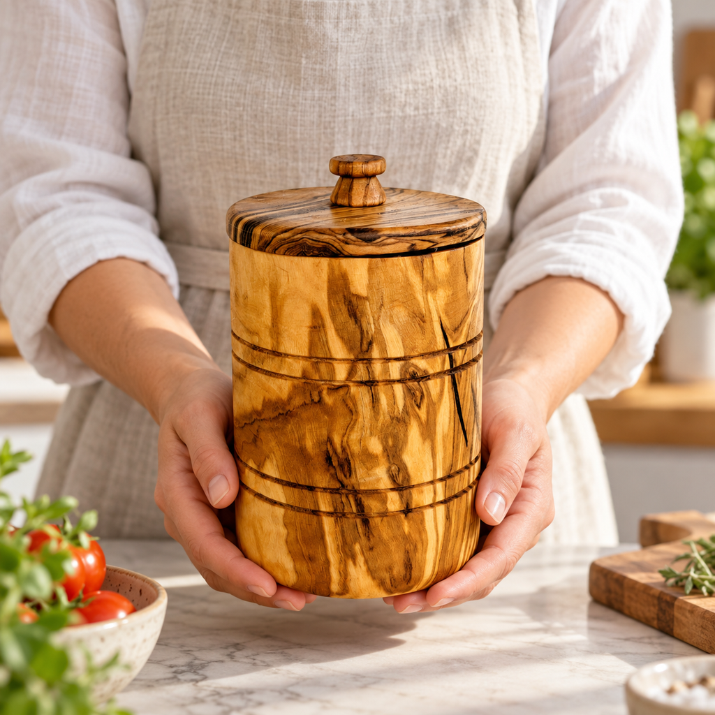 Closed wood keeper held at a preparation counter; person, countertop and other kitchen items are styling props, not included.