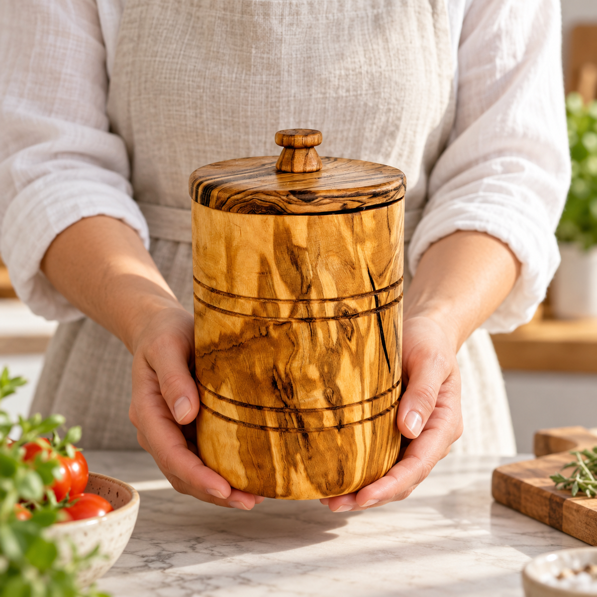 Closed wood keeper held at a preparation counter; person, countertop and other kitchen items are styling props, not included.