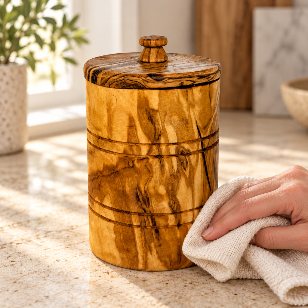 Closed wood keeper exterior being gently wiped; hand and cloth are styling props, not included.
