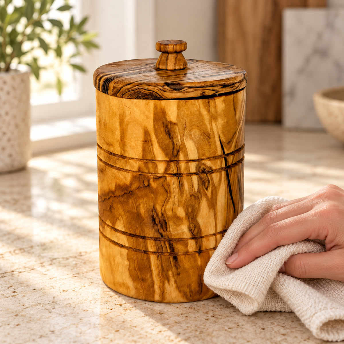 Closed wood keeper exterior being gently wiped; hand and cloth are styling props, not included.