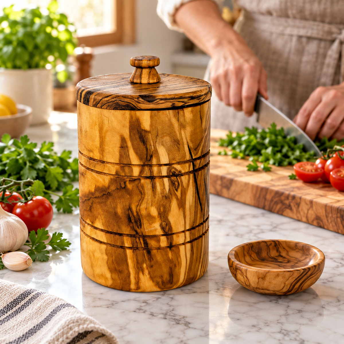 Closed wood keeper beside meal preparation; dish, board, vegetables, knife and person are styling props, not included.