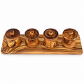 Four closed wood spice canisters with matching tray, shown together on white.
