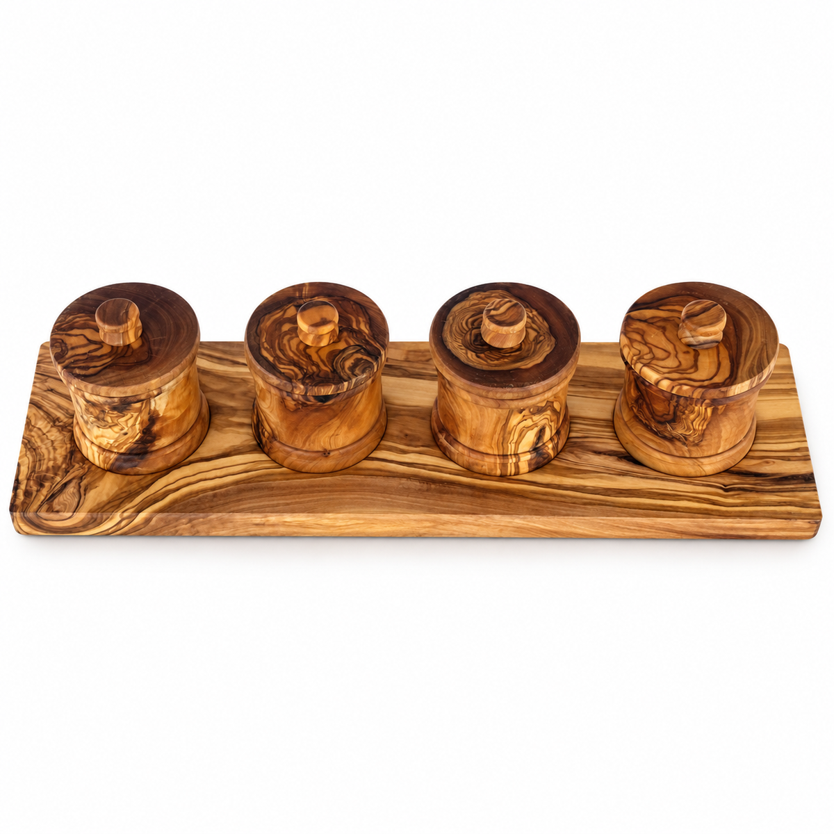 Four closed wood spice canisters with matching tray, shown together on white.