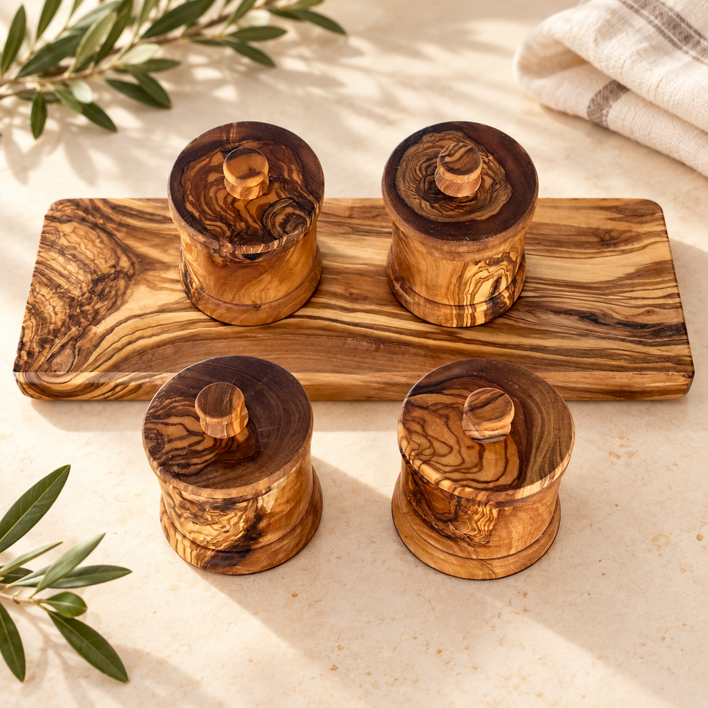 Four closed wood canisters restaged around their matching tray; leaves, linen and tabletop are styling props, not included.