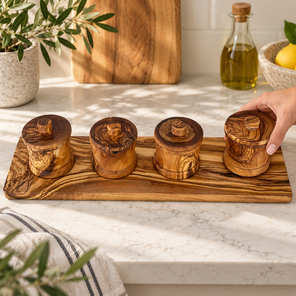 One closed canister being placed onto the tray beside three matching canisters; hand and kitchen setting are styling props, not included.