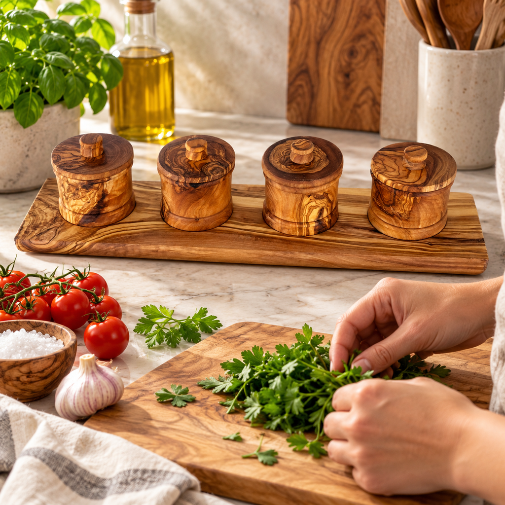 Four closed spice canisters and tray beside food preparation; hands, herbs, food, board and kitchen items are styling props, not included.