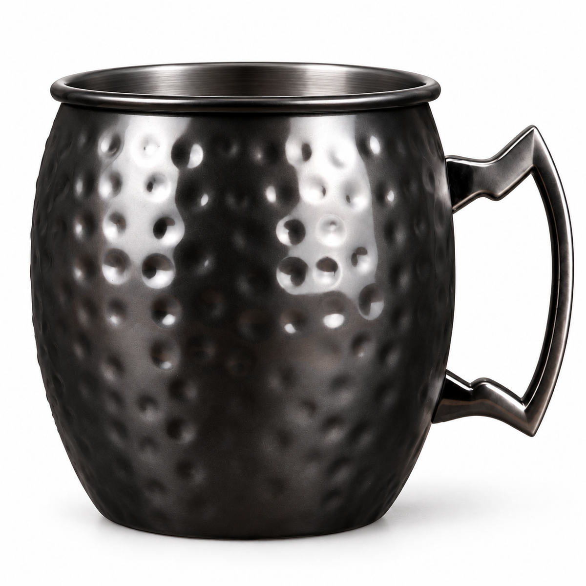 Black 550 ml hammered steel mug on white. Single mug.