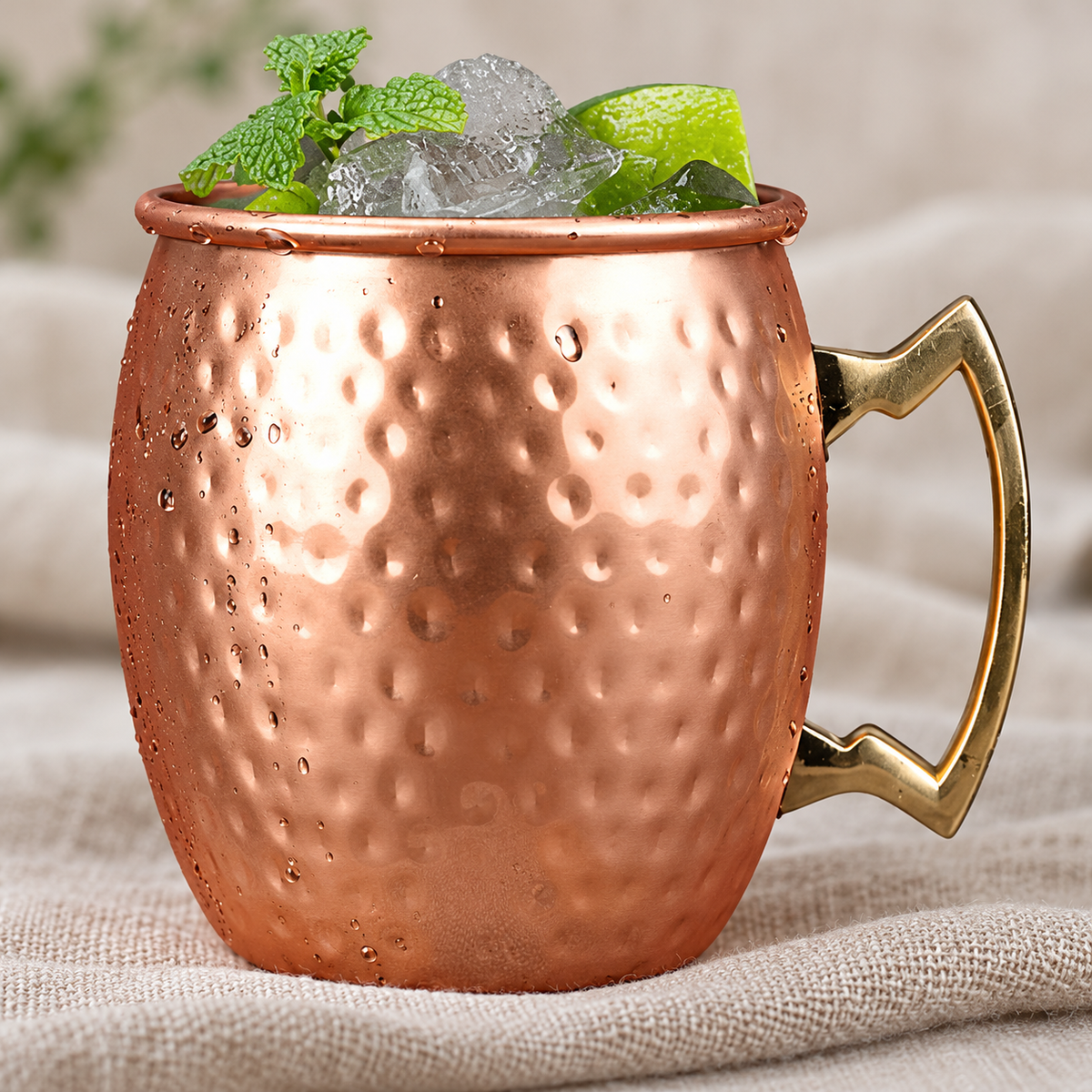 Exterior hammered texture and angular handle detail of the Gold550ML copper-toned mug.