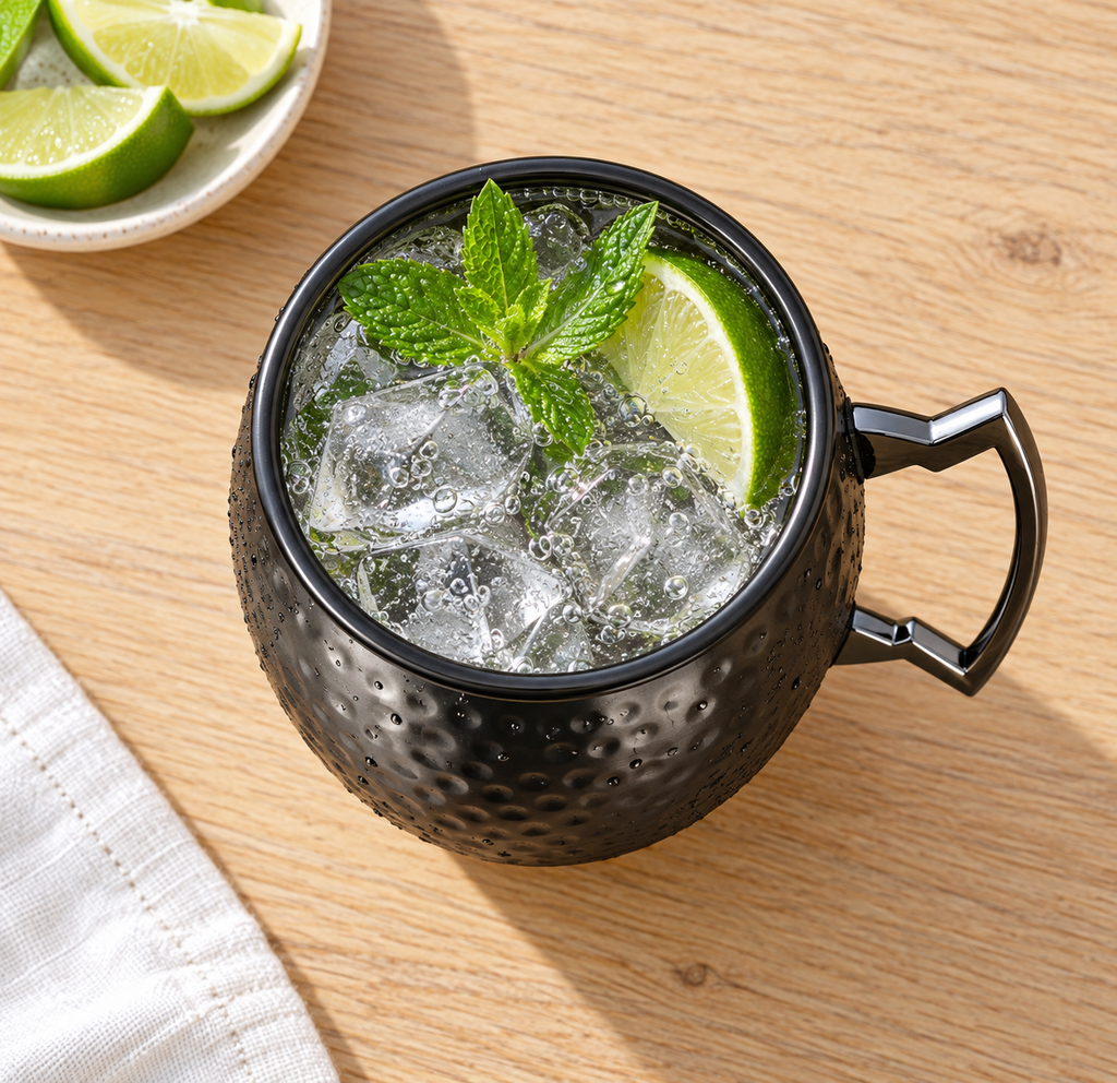 Top-down view of Black550ML hammered mug with a cold drink. Garnish, linen and dish are styling only.