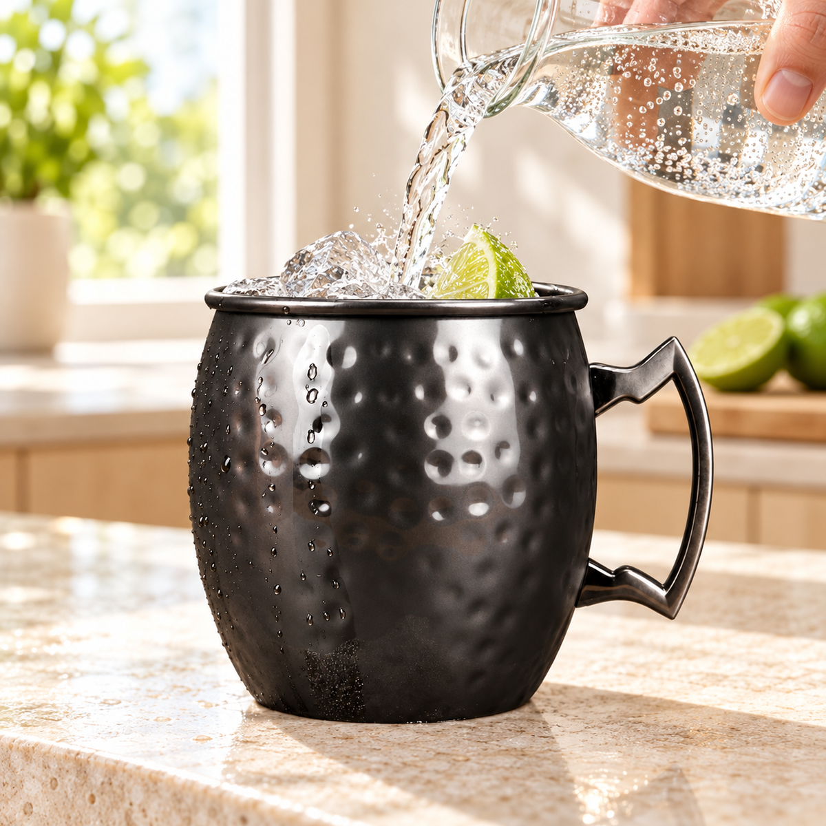Cold sparkling water being poured into the Black550ML hammered mug. Jug and garnish are styling props.