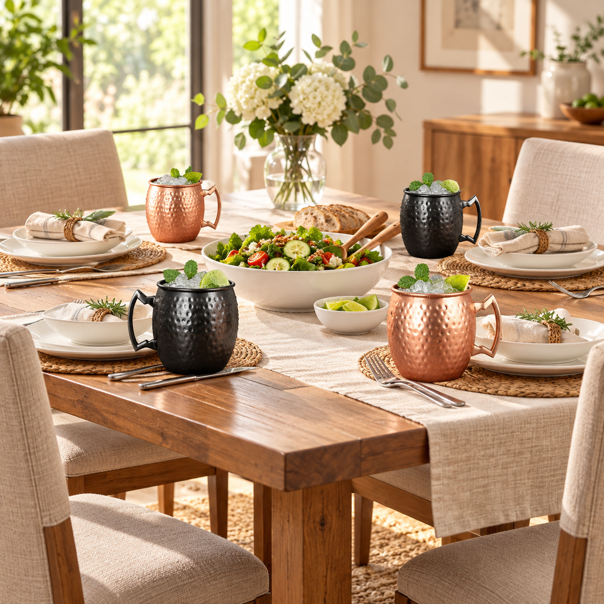 Black and Gold 550 ml hammered mugs styled at a table for four. Mugs sold individually; tableware and garnish are not included.