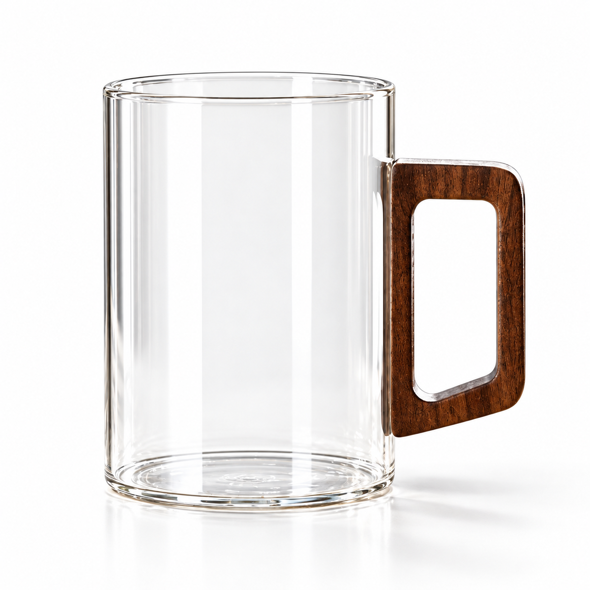 Transparent 400 ml individual glass cup with rectangular wooden handle, on white.