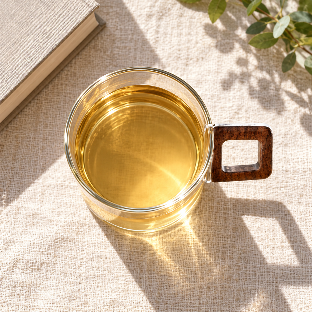Overhead view of the transparent 400 ml cup with tea and rectangular wooden handle.