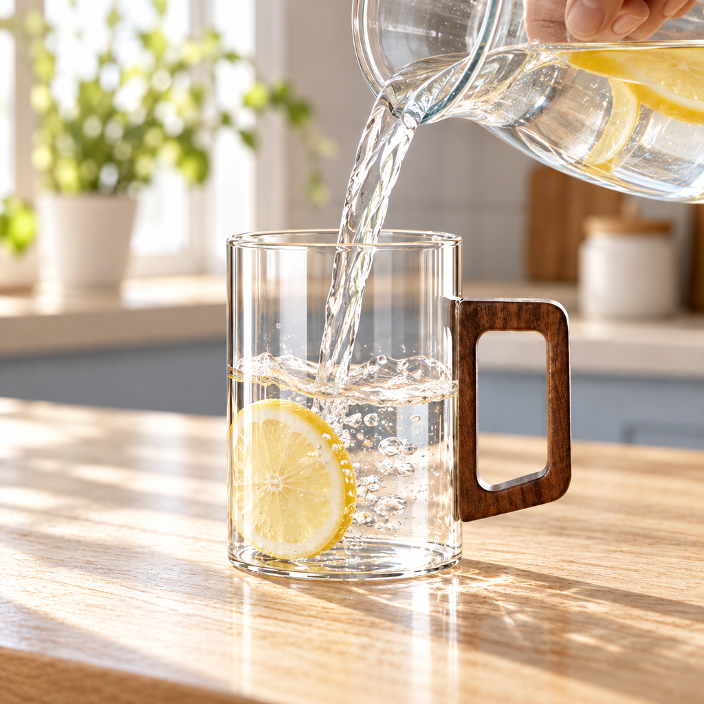 Cool water poured into a transparent 400 ml cup. Jug and lemon are styling props.