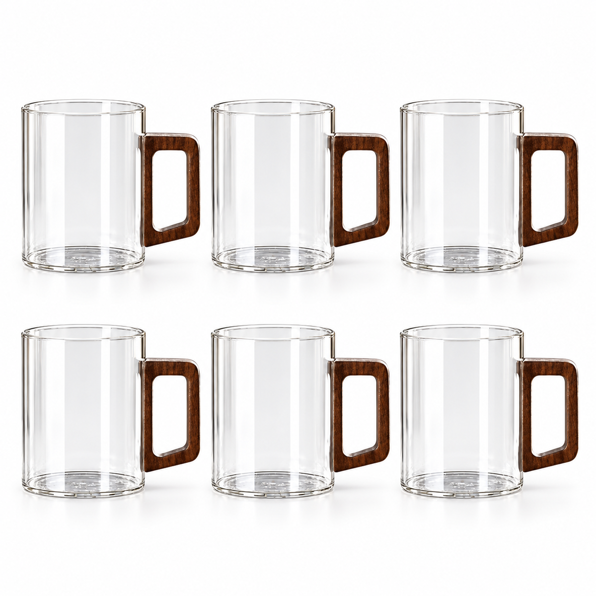 Transparent 6pcs option: six clear 400 ml cups with rectangular wooden handles, on white. No holder included.