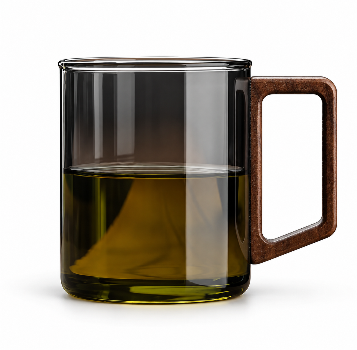 Smoky Gray Style 400 ml single glass cup with rectangular wooden handle, on white. Beverage is styling only.