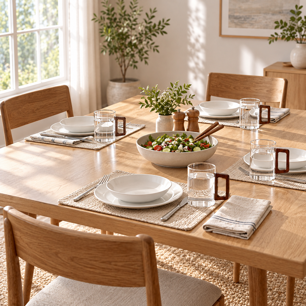 Clear 400 ml cups styled at a dining table for four. Select the single-cup or six-cup option; tableware and food are not included.