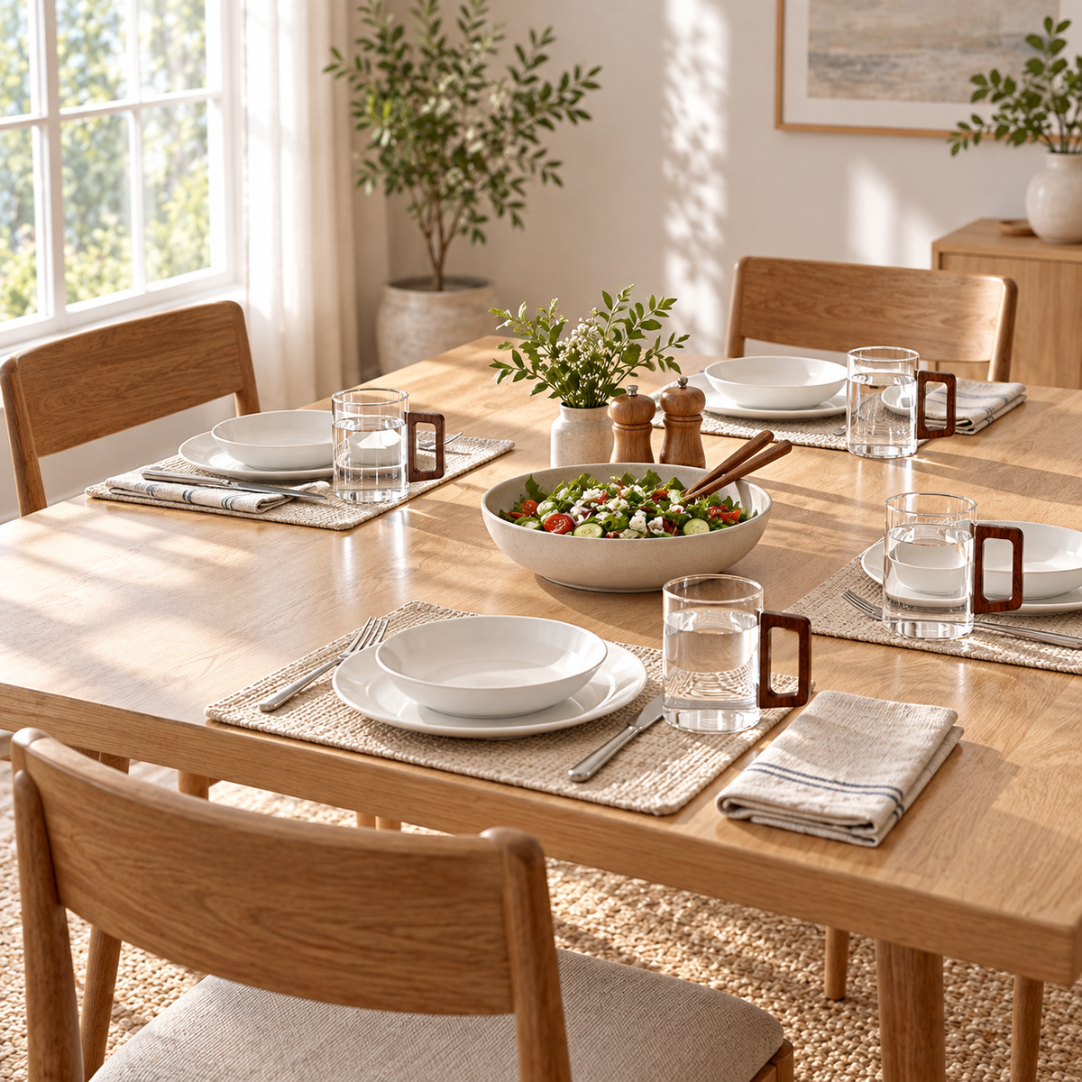 Clear 400 ml cups styled at a dining table for four. Select the single-cup or six-cup option; tableware and food are not included.