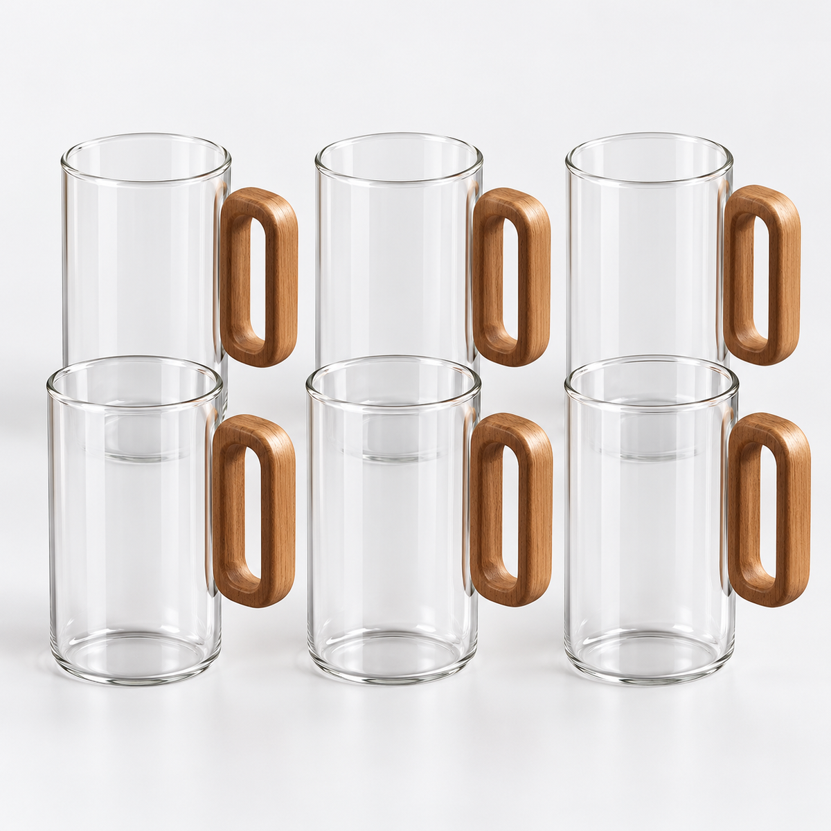 Transparent Cup 6pcs Set: six tall clear glasses with rounded rectangular wooden handles on white. No rack included.