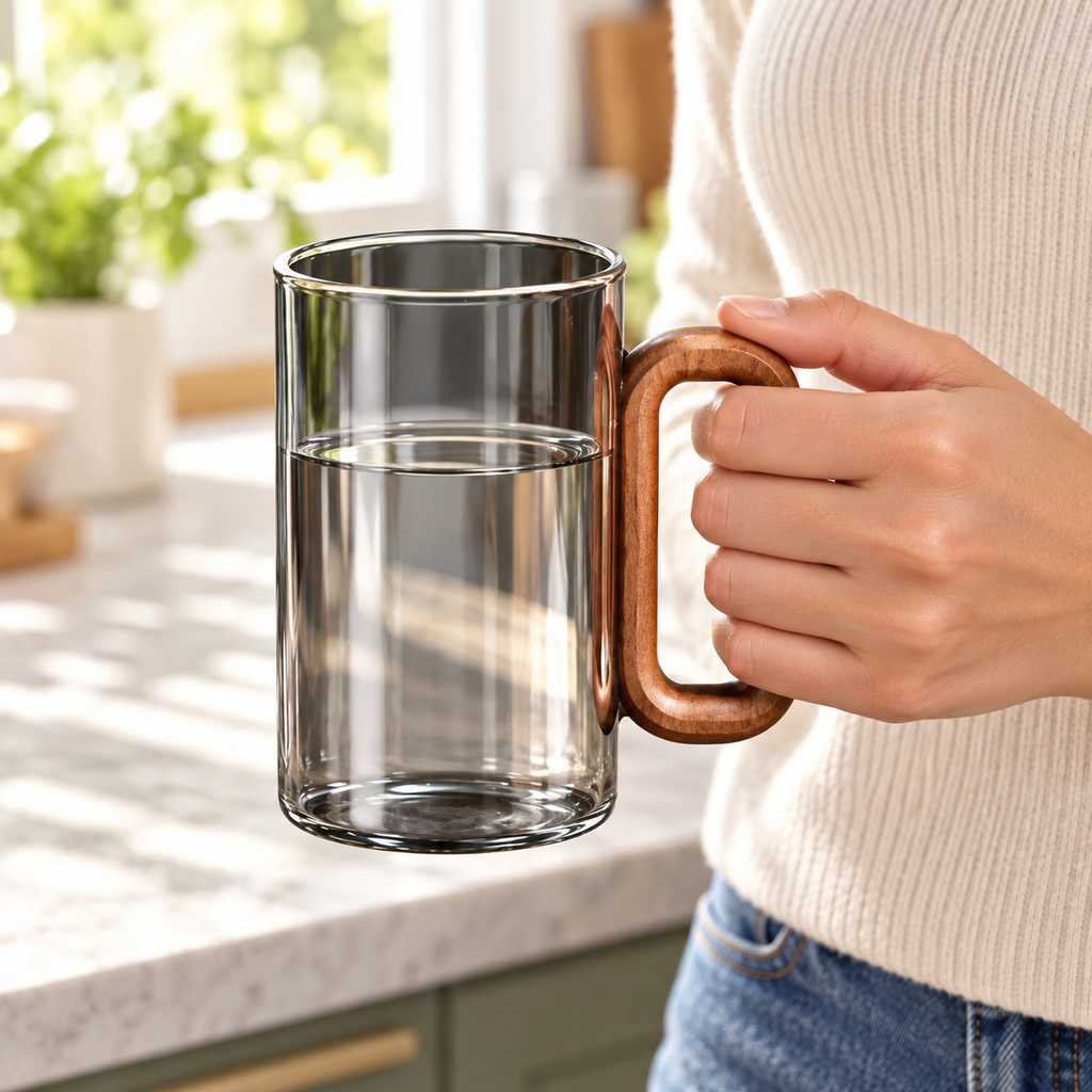 One representative smoke-gray glass from the six-cup set held for scale; five cups not shown.