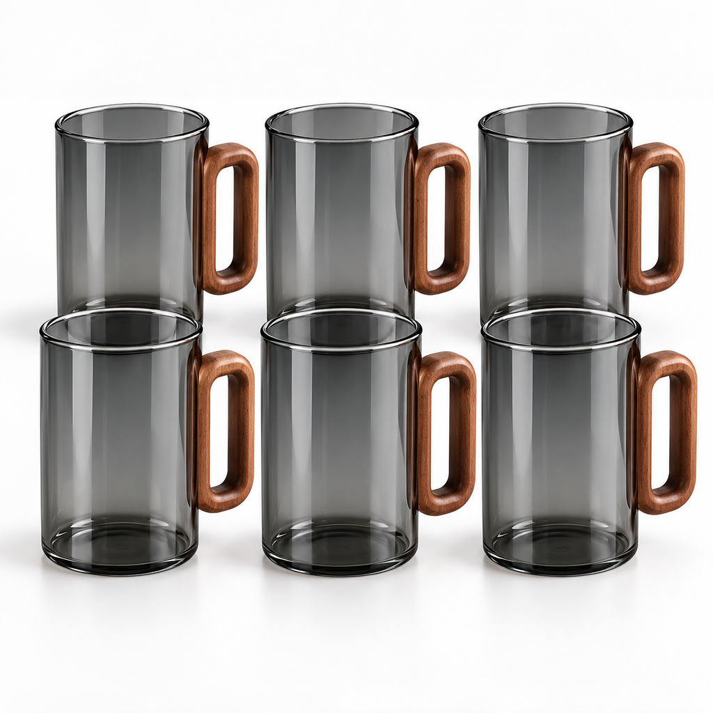 Smoke gray 6 cups option: six tall glass cups with rounded rectangular wooden handles on white. No rack included.