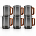 Smoke gray 6 cups option: six tall glass cups with rounded rectangular wooden handles on white. No rack included.