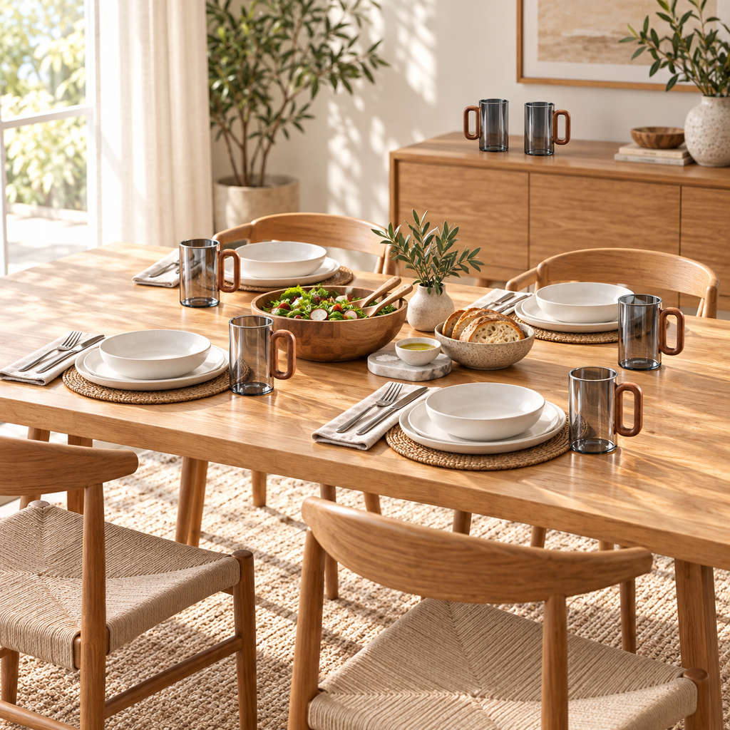 The smoke-gray six-cup set styled for four place settings, with two additional cups on the sideboard. Food and tableware are not included.