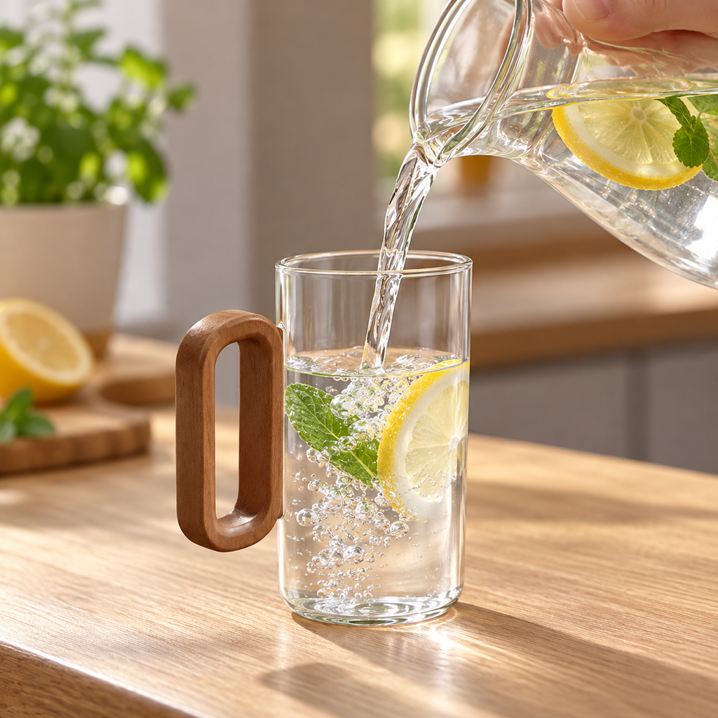 Cool water poured into one representative clear glass from the six-cup set; five cups not shown. Jug and lemon not included.