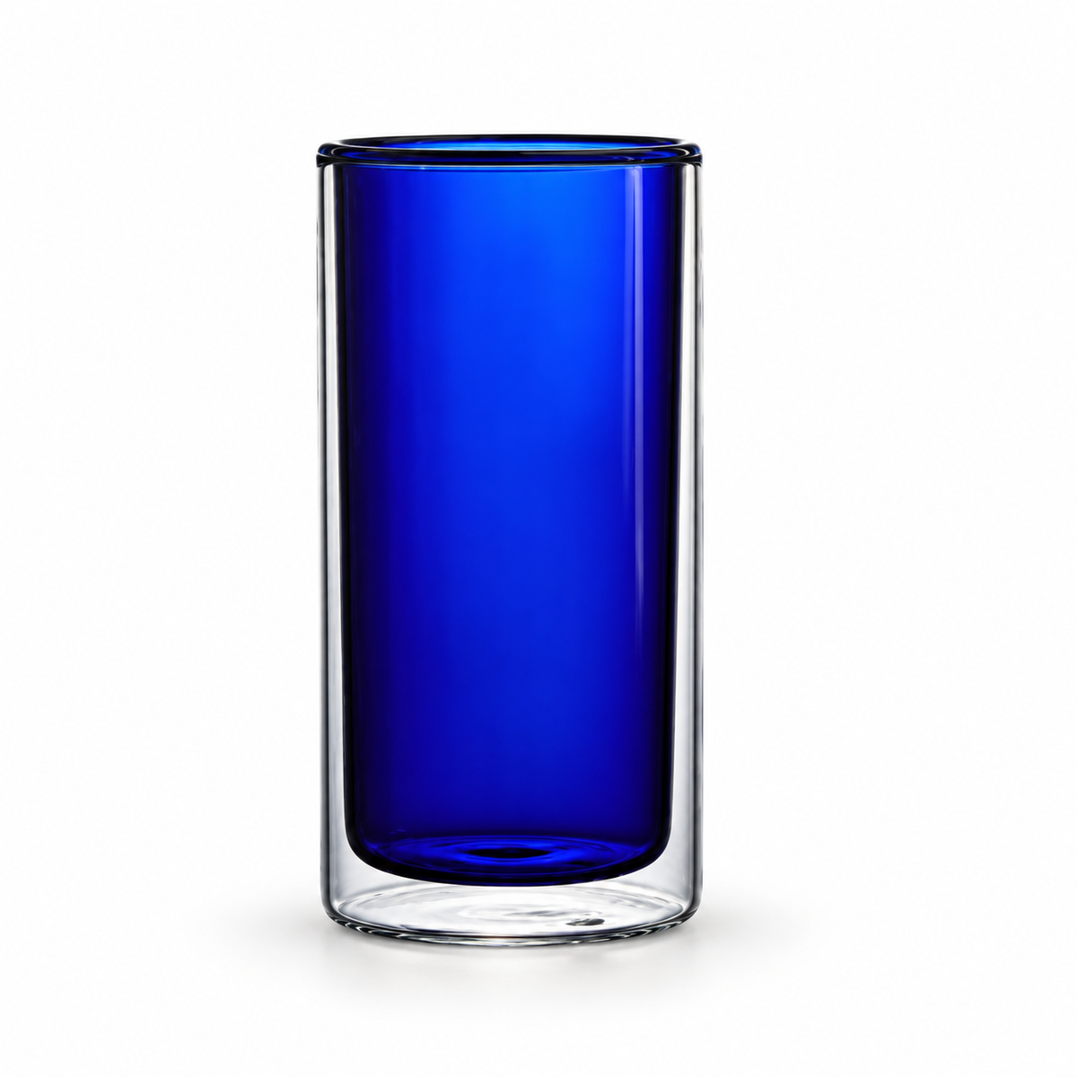 Blue-250mL double-wall glass with cobalt inner wall and clear outer wall on white.